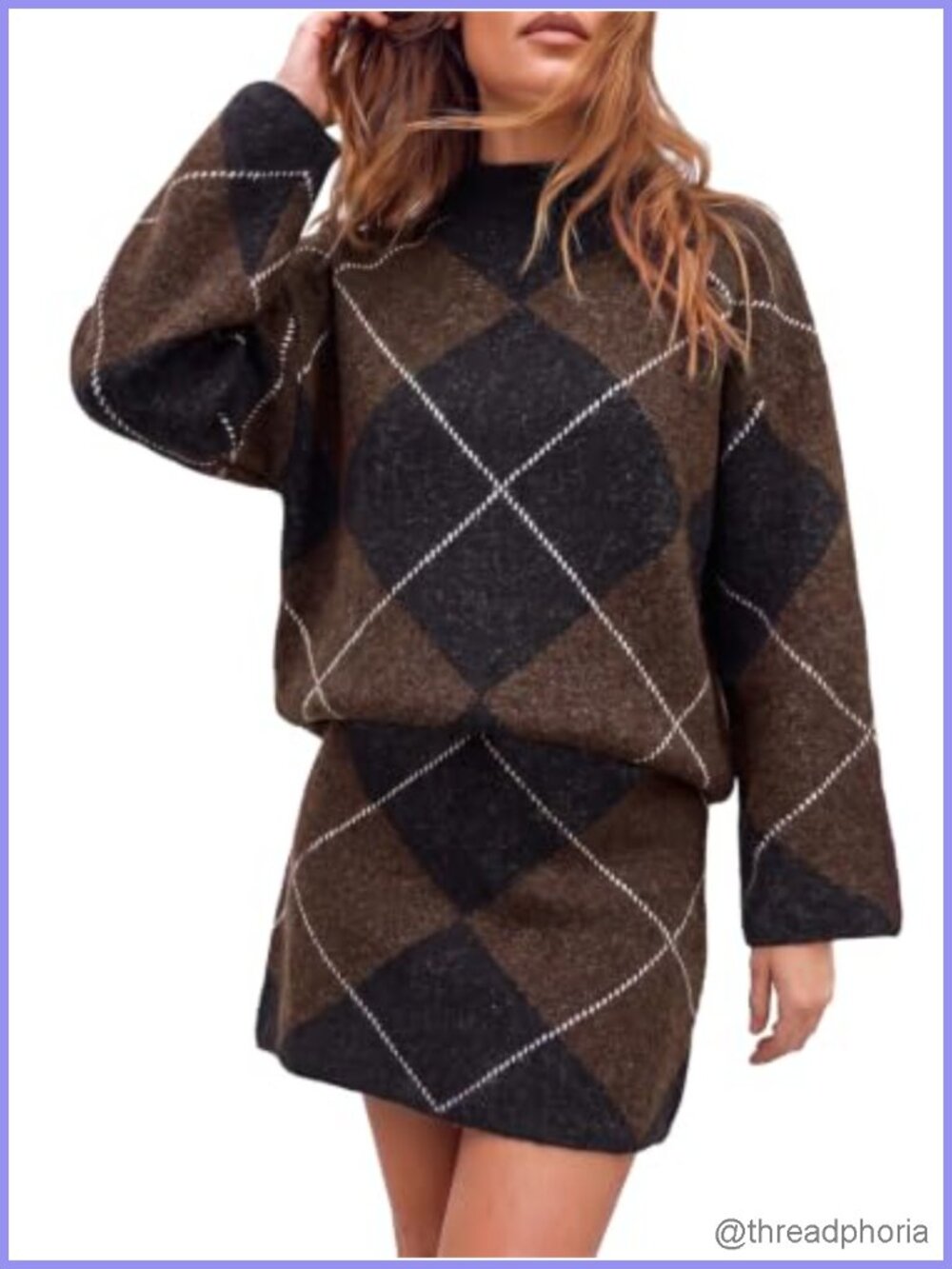 Cicy Bell Women Mock Neck Argyle Sweater 2 Piece Outfits Mini Skirt Sets